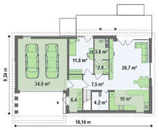 Проект дома с двускатной кровлей и гаражом для 2х авто