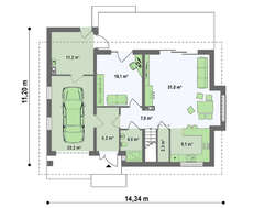 Проект дома с мансардным этажом, большим техническим помещением и кабинетом