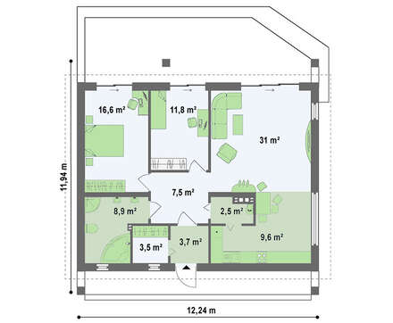 Проект коттеджа 12*12 с фронтальной террасой