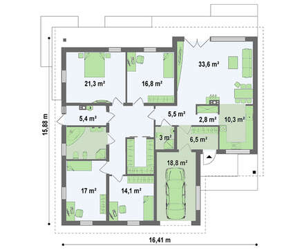 Проект одноэтажного дома с гаражом для 1-го автомобиля