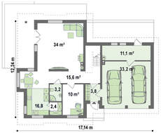 Проект особняка с интересными окнами и гаражом на два авто