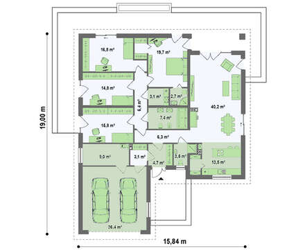 Проект одноэтажного коттеджа с выступающим фронтальным гаражом