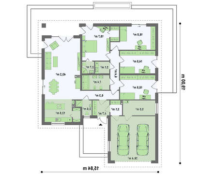 Проект одноэтажного коттеджа с выступающим фронтальным гаражом