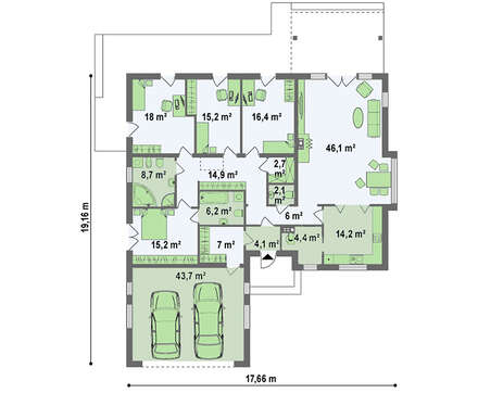 Проект удобного одноэтажного дома с гаражом для 2 автомобилей