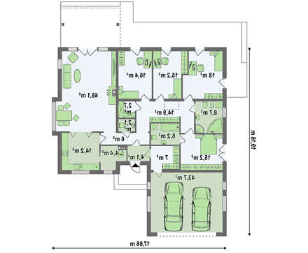 Проект удобного одноэтажного дома с гаражом для 2 автомобилей