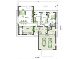 Проект 1 этажного дома несложной формы с гаражом для 2 авто