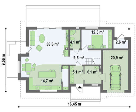 Проект дома с двускатной кровлей и удобным гаражом