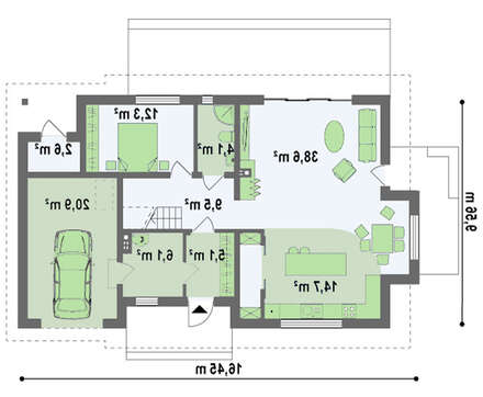 Проект дома с двускатной кровлей и удобным гаражом