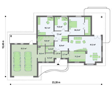 Проект светлого дома с гаражом для двух машин