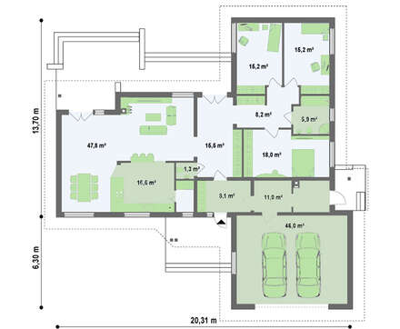 Проект коттеджа с гаражом для двух автомобилей и четырехскатной крышей