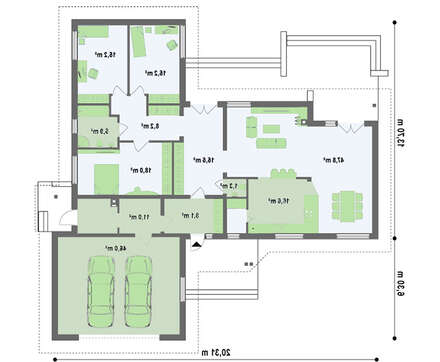 Проект коттеджа с гаражом для двух автомобилей и четырехскатной крышей
