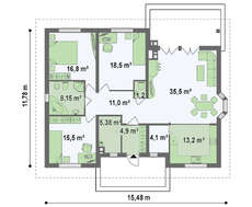 Классический одноэтажный проект дома с кирпичным фасадом