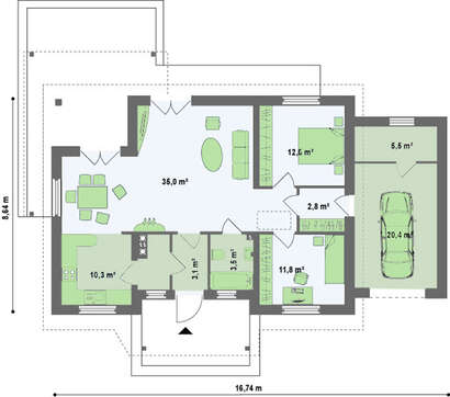 Классический проект компактного дачного коттеджа с крыльцом Классический проект компактного дачного коттеджа с крыльцом