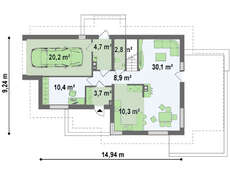 Проект 1,5-этажного коттеджа с балконом над одинарным гаражом