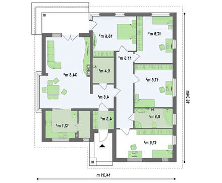 Просторный одноэтажный коттедж с большими окнами