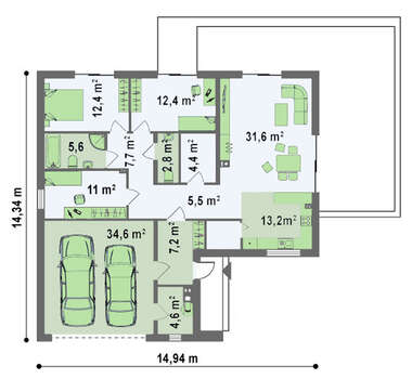 Стильный проект одноэтажного дома с большим гаражом для 2 авто