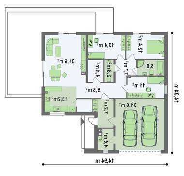 Стильный проект одноэтажного дома с большим гаражом для 2 авто