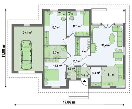 Проект одноэтажного дачного классического дома с четырехскатной кровлей
