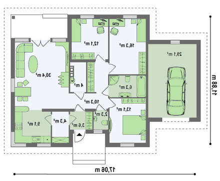 Проект одноэтажного дачного классического дома с четырехскатной кровлей