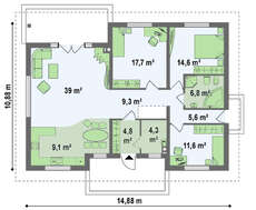 Проект одноэтажного дома классического стиля с четырехскатной кровлей