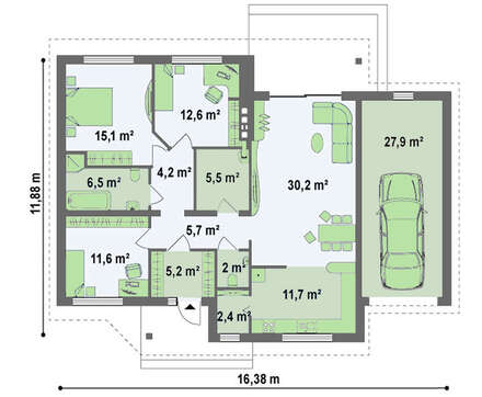 Проект одноэтажного дома в английском стиле с гаражом