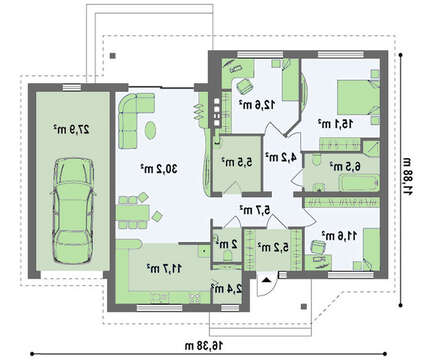 Проект одноэтажного дома в английском стиле с гаражом