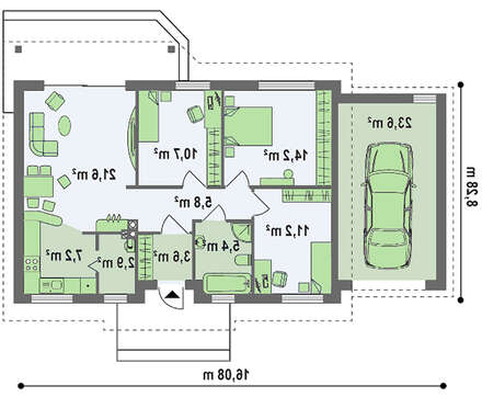 Проект комфортного одноэтажного дома с гаражом и небольшой террасой