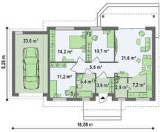Проект комфортного одноэтажного дома с гаражом и небольшой террасой