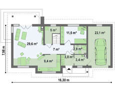 Экономичный проект коттеджа с мансардой и гаражом