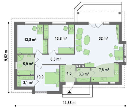 Одноэтажный коттедж с современными элементами фасадов