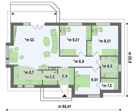 Одноэтажный коттедж с современными элементами фасадов
