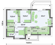 Одноэтажный коттедж с современными элементами фасадов