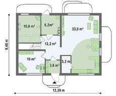 Двухэтажный коттедж с большими окнами и с двускатной крышей