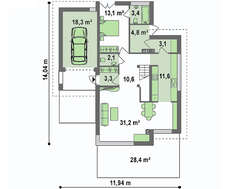 Проект загородного двухэтажного дома вытянутой формы