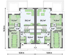Проект коттеджа на две семьи с отдельными входами и двумя гаражами