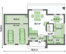 Современный проект двухэтажного дома с гаражом на две машины и баней