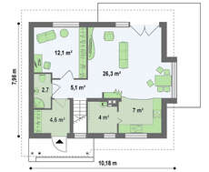 Компактный дом с балконом над эркером в столовой