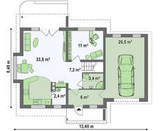 Проект аккуратного жилого одноэтажного дома с мансардой и гаражом для автомобиля