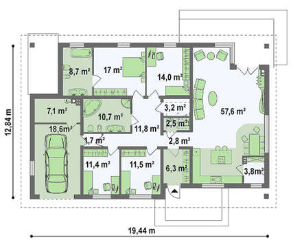 Проект классического 1 этажного дома с мансардой, кирпичным фасадом и гаражом