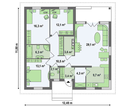 Проект 1 этажного дома по типу 4M250 с кирпичным фасадом