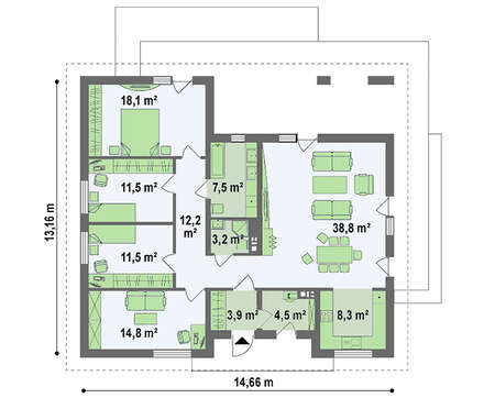 Одноэтажный дом с шикарной террасой и четырехскатной крышей