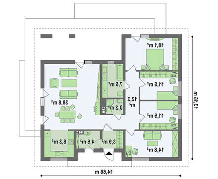 Одноэтажный дом с шикарной террасой и четырехскатной крышей