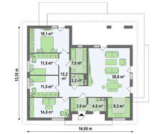 Одноэтажный дом с шикарной террасой и четырехскатной крышей