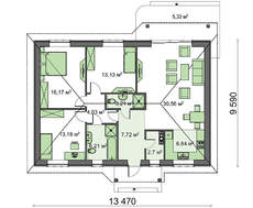Вариант проекта одноэтажного коттеджа по типу 4M474 в каркасном исполнении