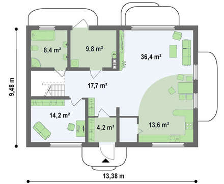 Проект дома с просторной гостиной и кухней студио