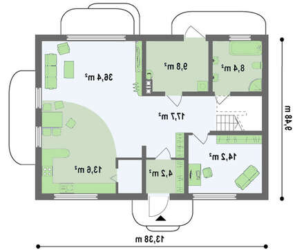 Проект дома с просторной гостиной и кухней студио