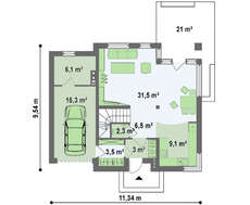 Компактный проект двухэтажного современного коттеджа с тремя спальнями и гаражом