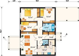 Проект одноэтажного дома с пристроенным навесом для автомобиля