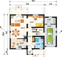 Интересный проект дома 11 на 13 с тремя небольшими спальнями и большой кухней