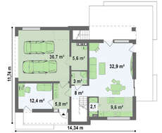 Проект хай-тек коттеджа с террасой и гаражом для 2 авто